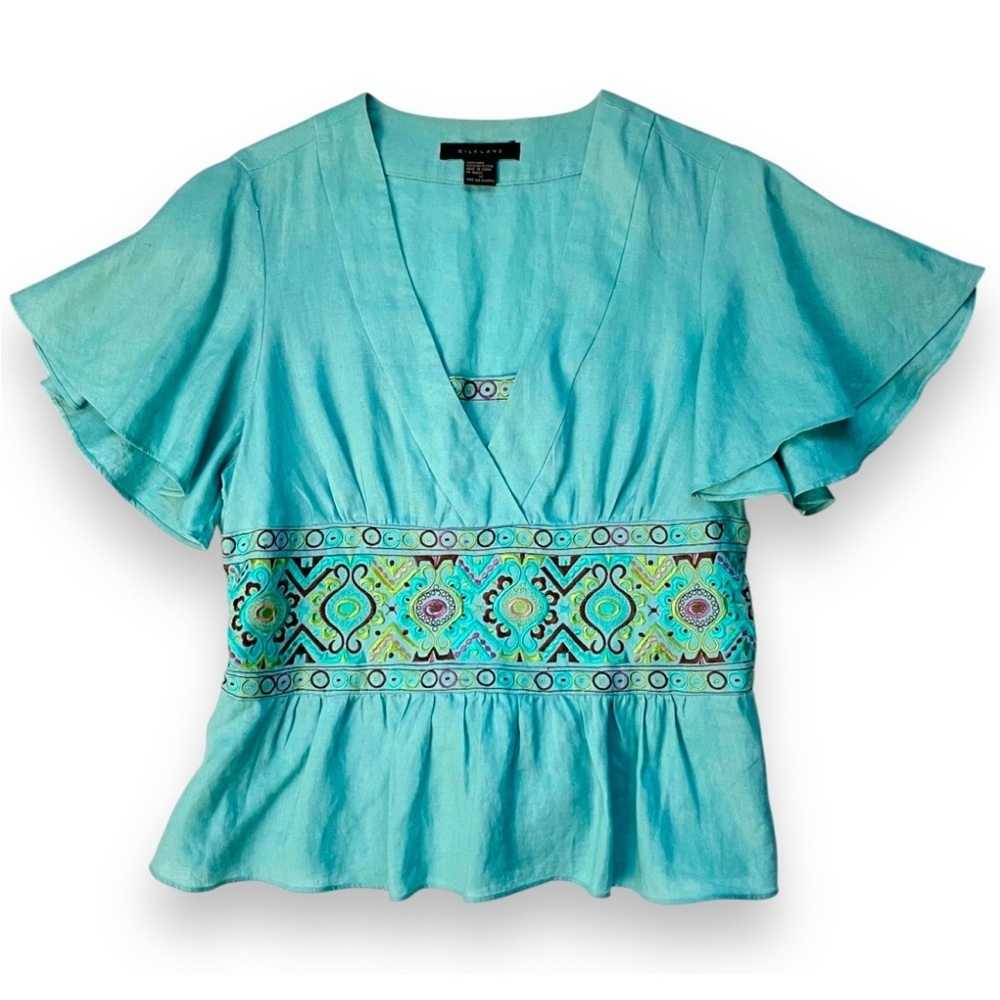 Vintage 90s Silkland Aqua Linen 2 Piece Set Embroidered Boho Skirt Suit Size 12